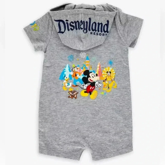 Disney Land 18 mo Hooded SS Grey bottom buttoned Romper w characters. - Picture 2 of 9